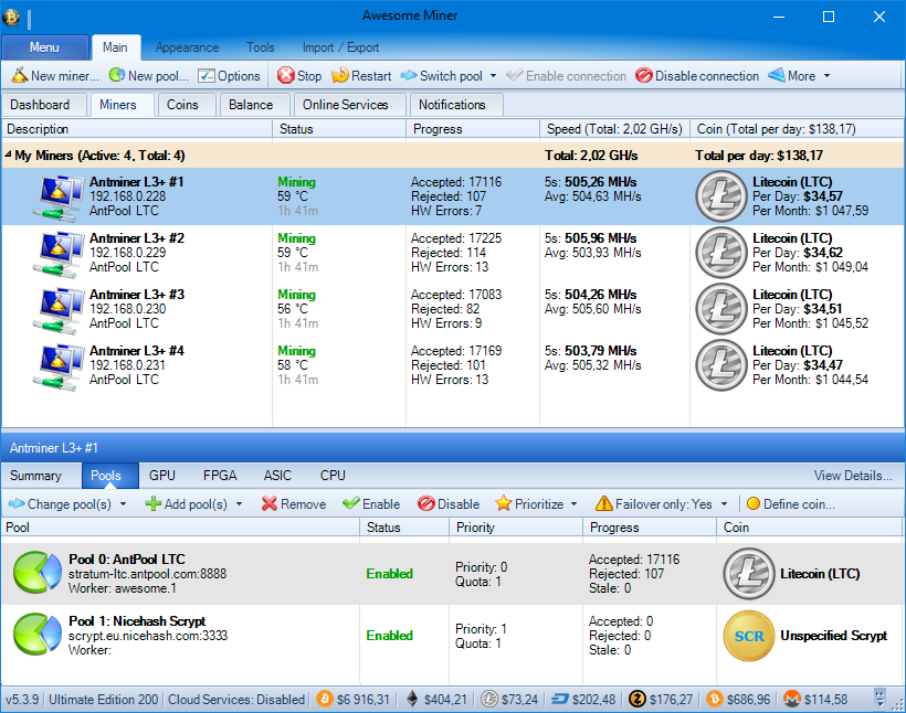 Awesome Miner main window with Antminer L3+