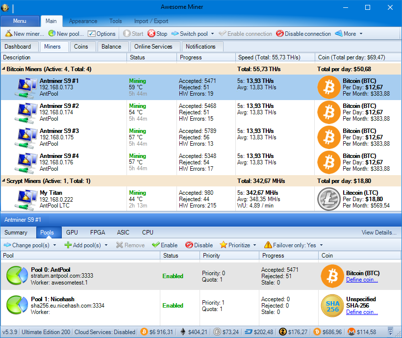 Awesome Miner main window with Bitcoin and Litecoin mining using Antminer S9